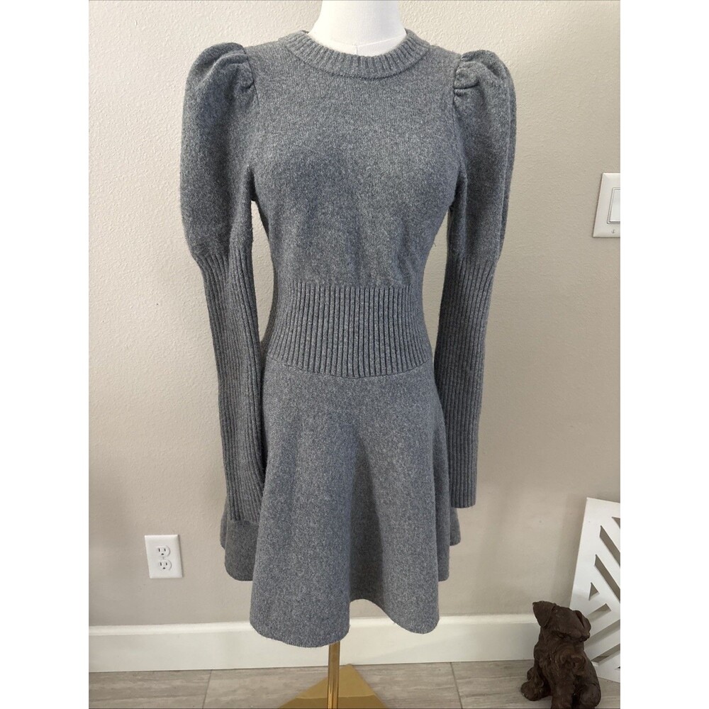 Express Women’s XS Gray Open Back Sweater Dress Puff Sleeve Tie Back NWT $108